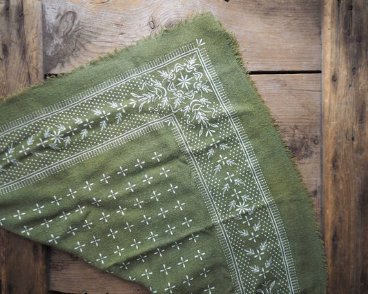 Olive Green Classic print Naturally Dyed Bandana (White ink) in raw silk