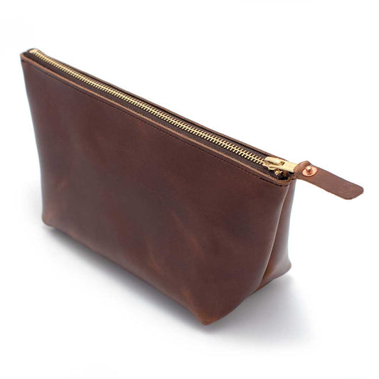 Waxy Brown Leather Zipper Travel Clutch