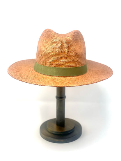 Panama Hat in Bronze with Olive Green Grosgrain Ribbon