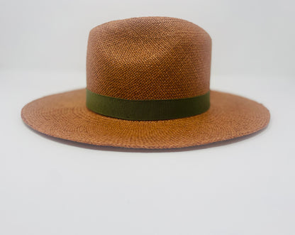 Panama Hat in Bronze with Olive Green Grosgrain Ribbon