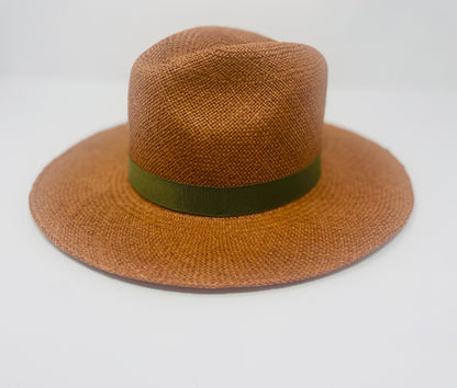 Panama Hat in Bronze with Olive Green Grosgrain Ribbon