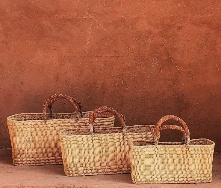 Reed Rectangular Basket w / Brown Leather Handle Medium