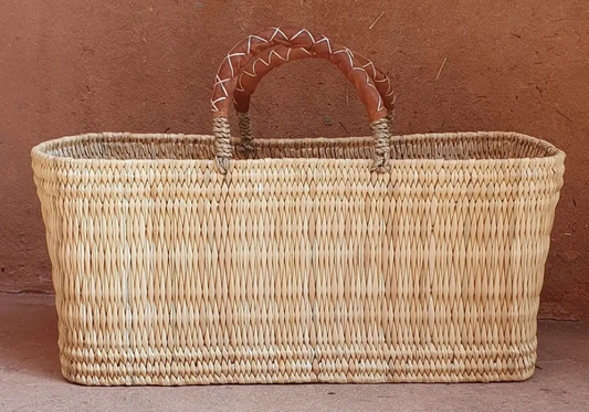 Reed Rectangular Basket w / Brown Leather Handle Large