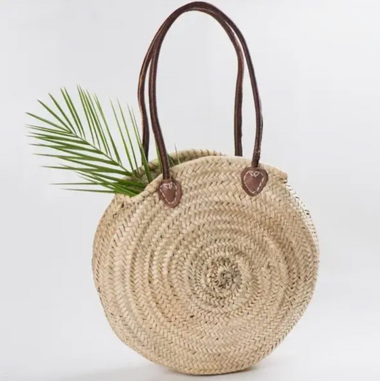 Round Wicker Basket w /  Leather Handle