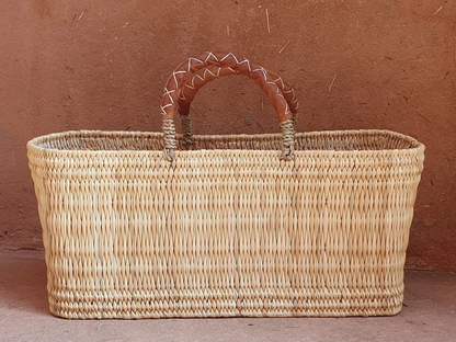 Reed Rectangular Basket w / Brown Leather Handle Medium