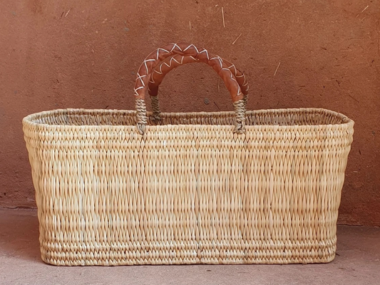 Reed Rectangular Basket w / Brown Leather Handle Medium