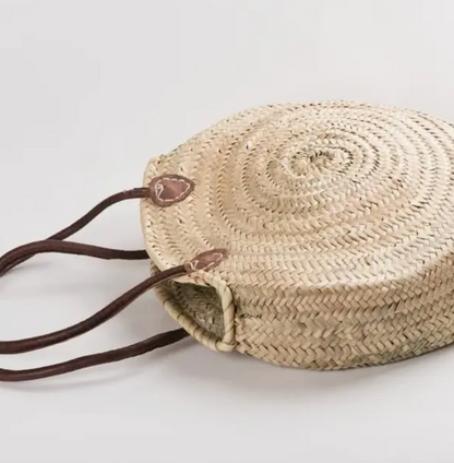 Round Wicker Basket w /  Leather Handle