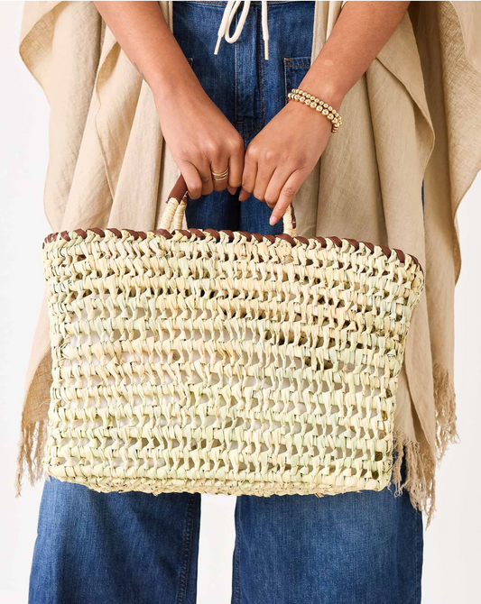 Open Weave Basket Tote with Leather trim