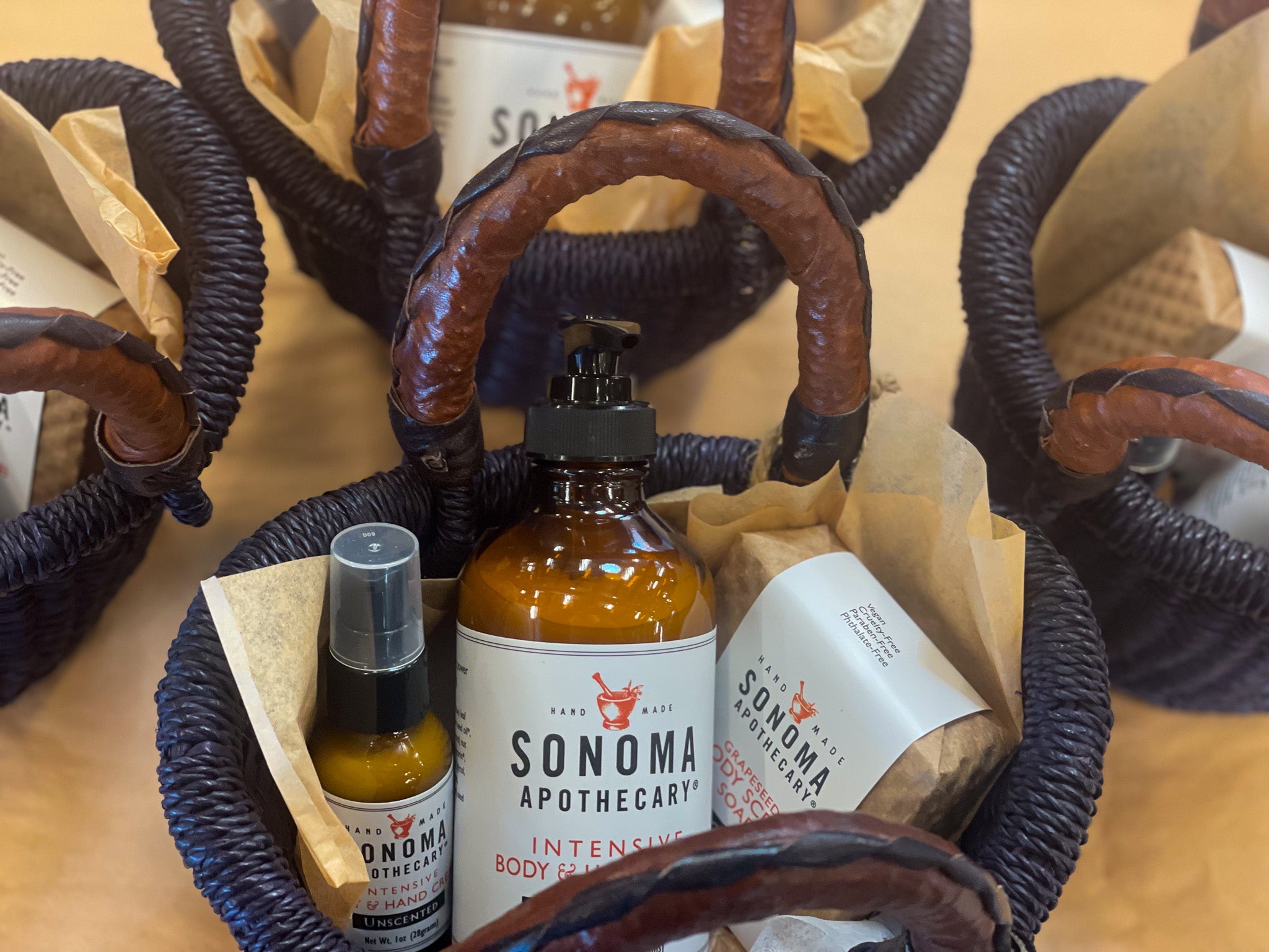 Curated mini Sonoma gift basket with hand lotion and soap